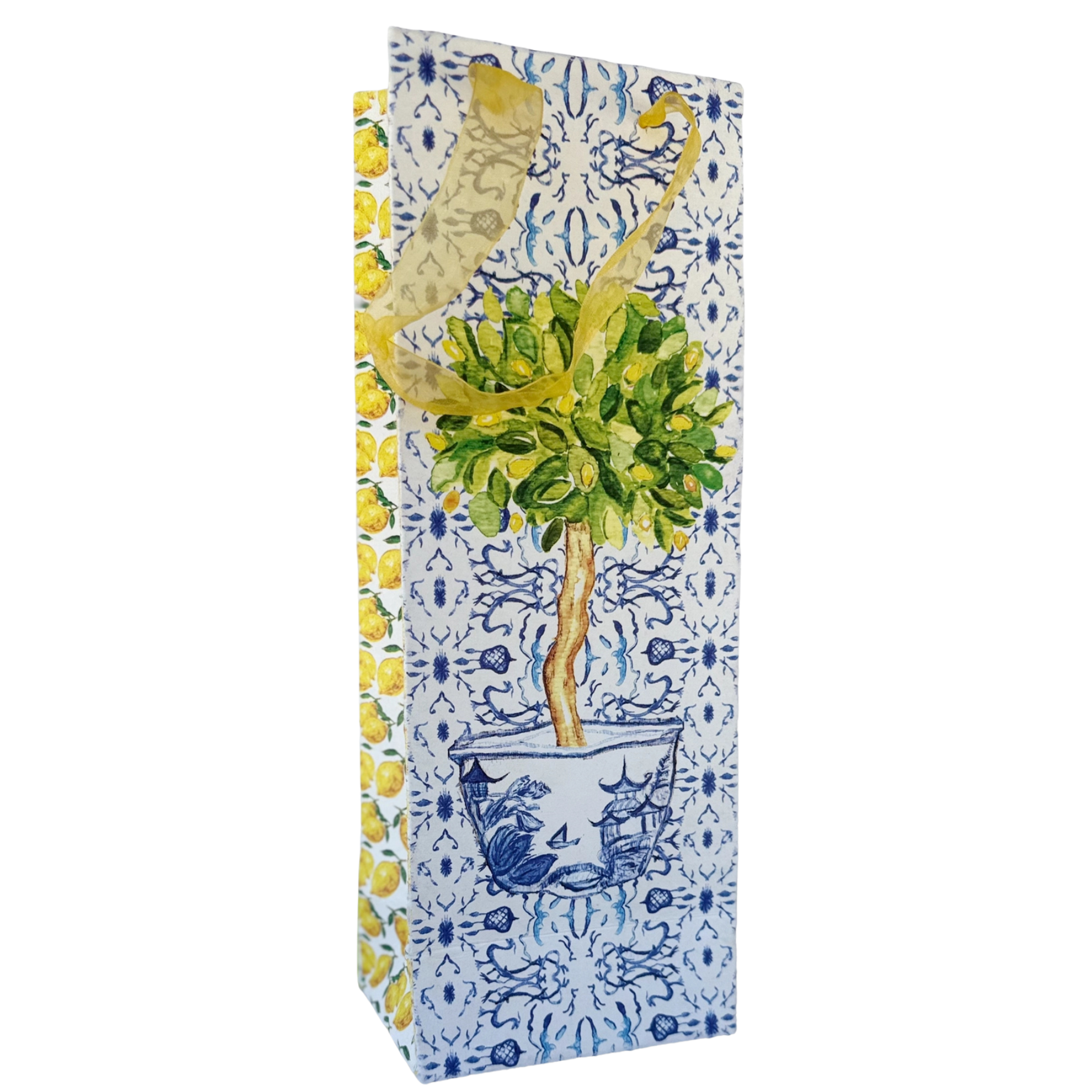 Blue & White Lemon Tree Paper Wine Bag